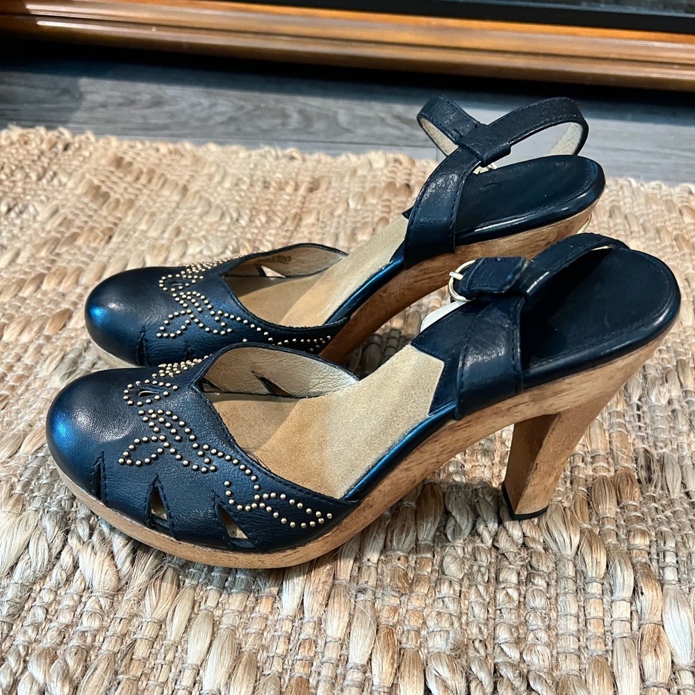 Michael Kors Black Leather Studded Mary Jane Wooden Heels